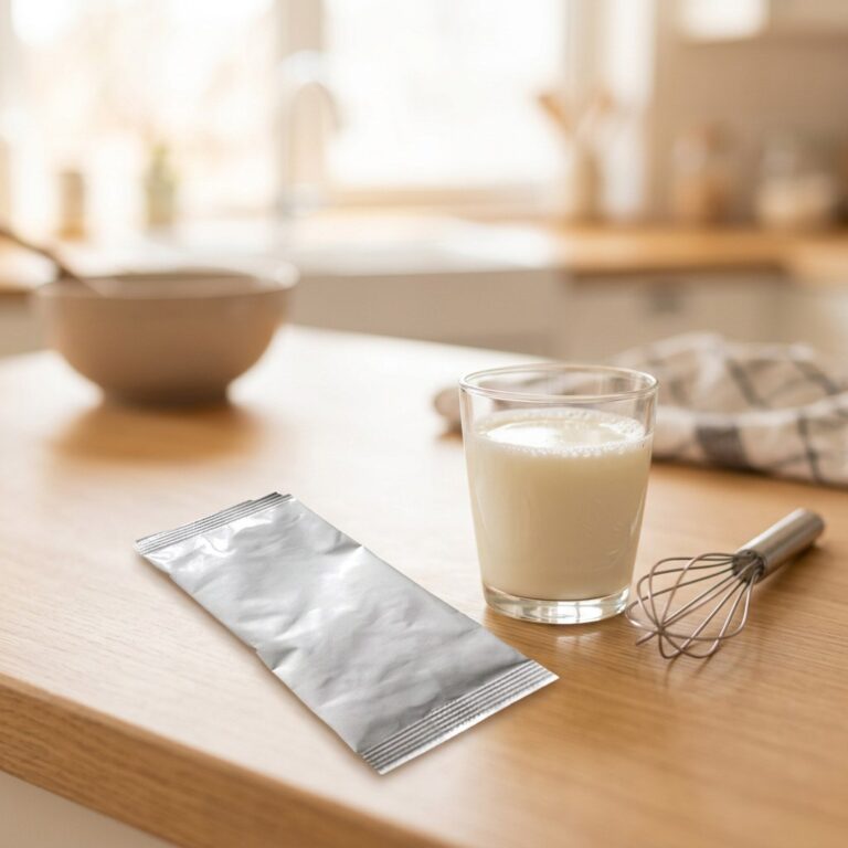 Probioghurt® Sachet mit Glas Milch und Schneebesen