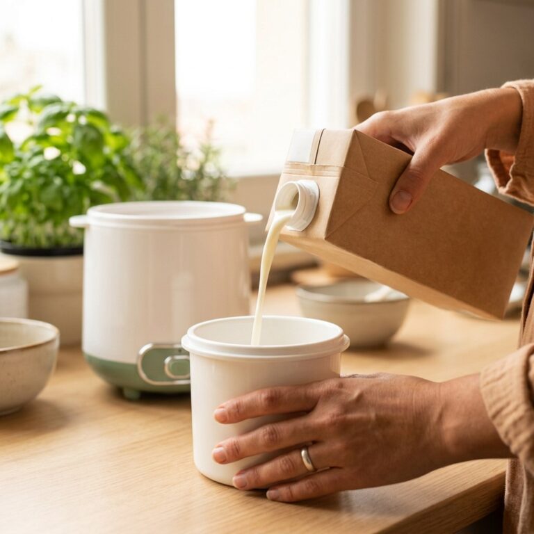 Milch aus dem Karton in den Innenbehälter gießen
