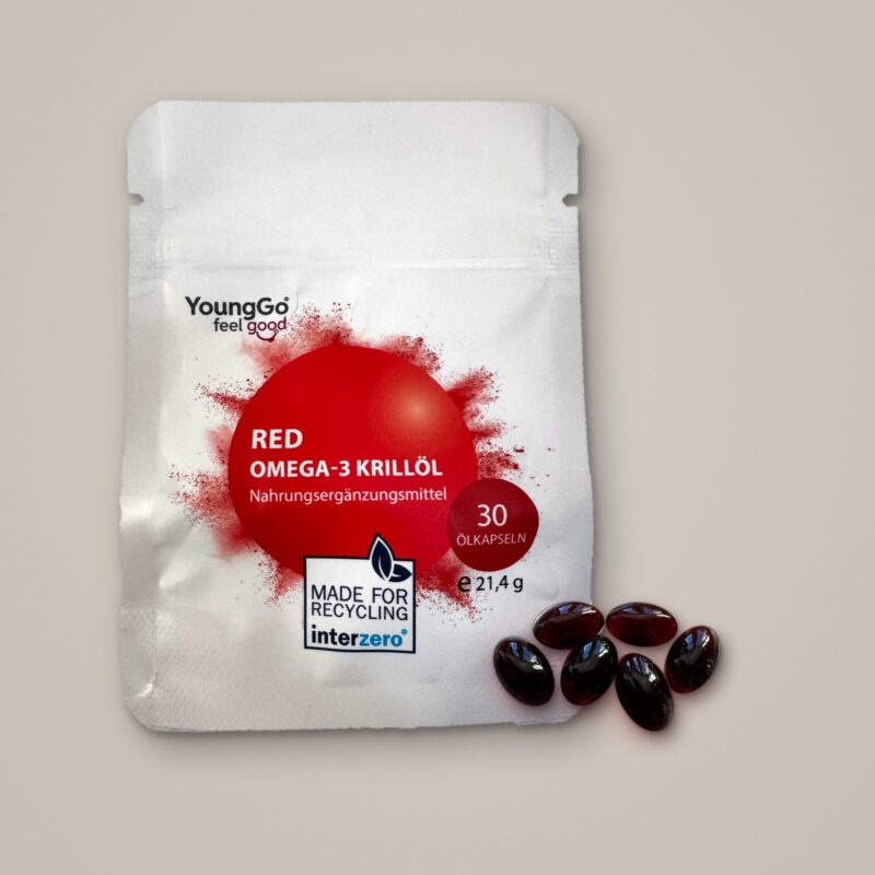 YoungGo® RED Omega-3 Krillöl Beutel mit Kapseln davor